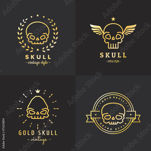 Skulls outline gold logo vector set. Part one.
