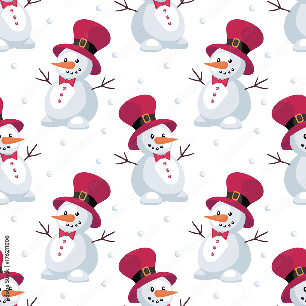 Christmas seamless pattern with the image of snowmen in cartoon style. Vector colorful background