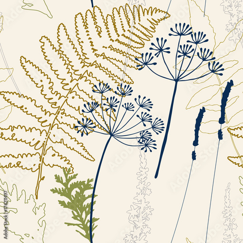 Floral vector seamless pattern with dill and lavender flowers, fern leaves and evergreen pine tree branches.