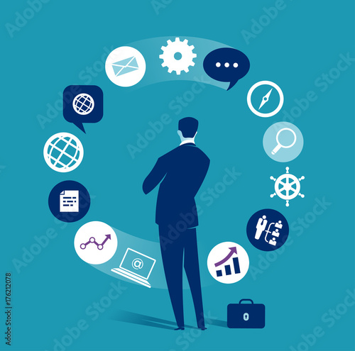 Business dilemma. Businessman looking at the rotating business icons. Concept business vector illustration