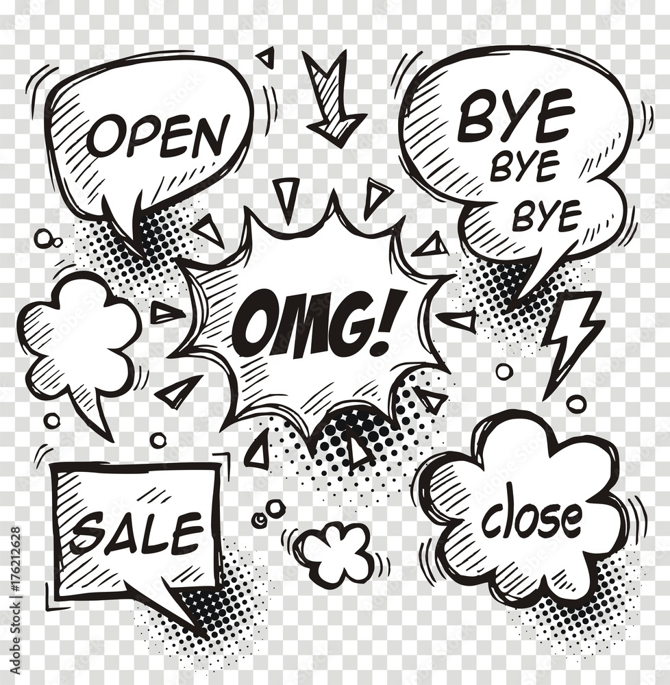 Set of comic speech bubbles with dialog words: omg,sale,close, Bye . Vector illustration.