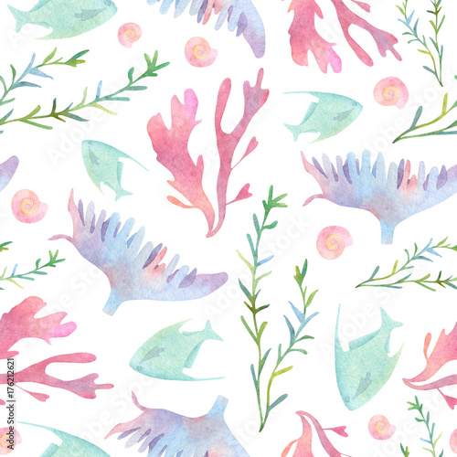 Watercolor underwater pattern with rotala pink rhodophyta seashell purple actiniaria and green butterfly fish on white background