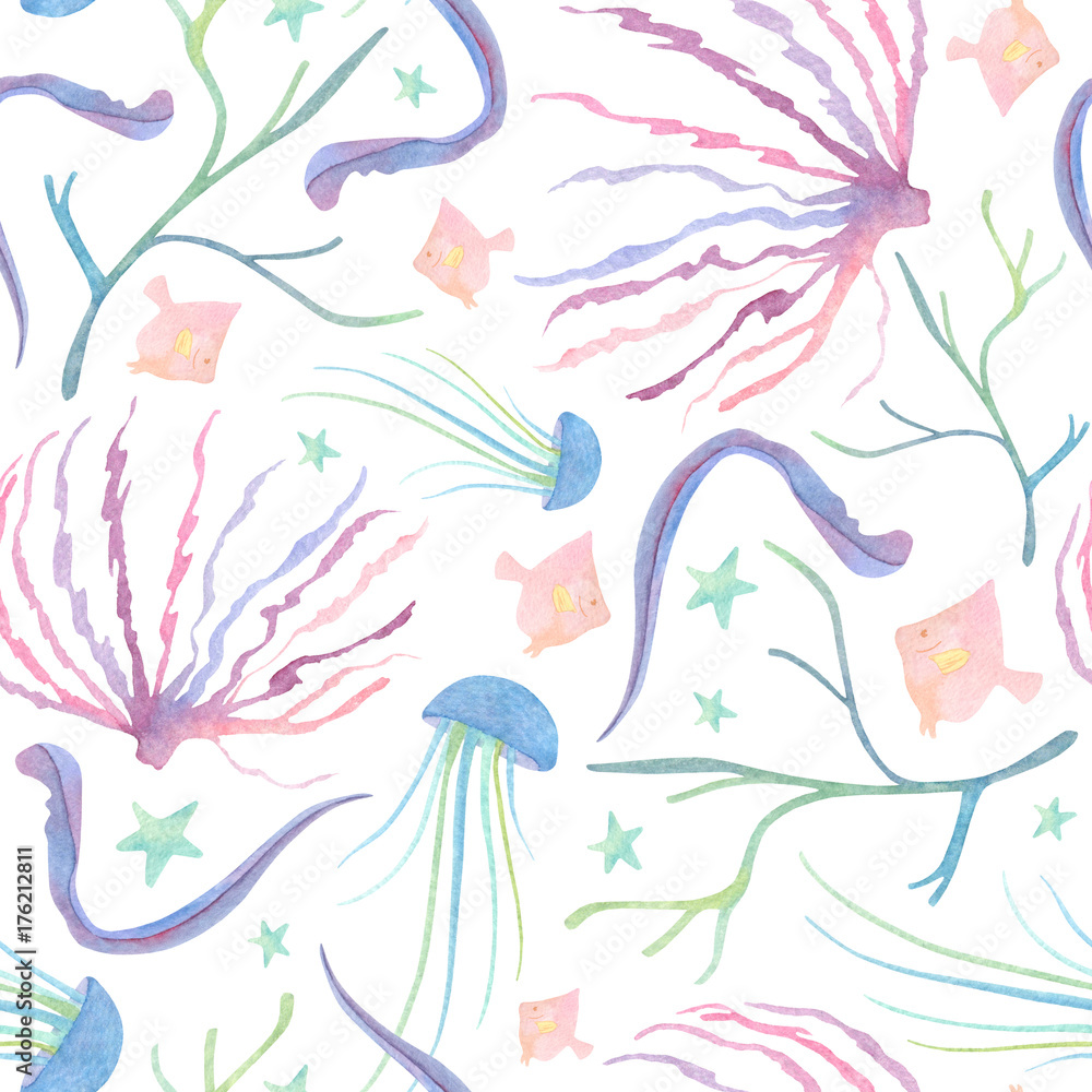 Watercolor underwater pattern with red antigonia fish blue medusa pink sea lily enteromorpha black coral and green starfish on white background