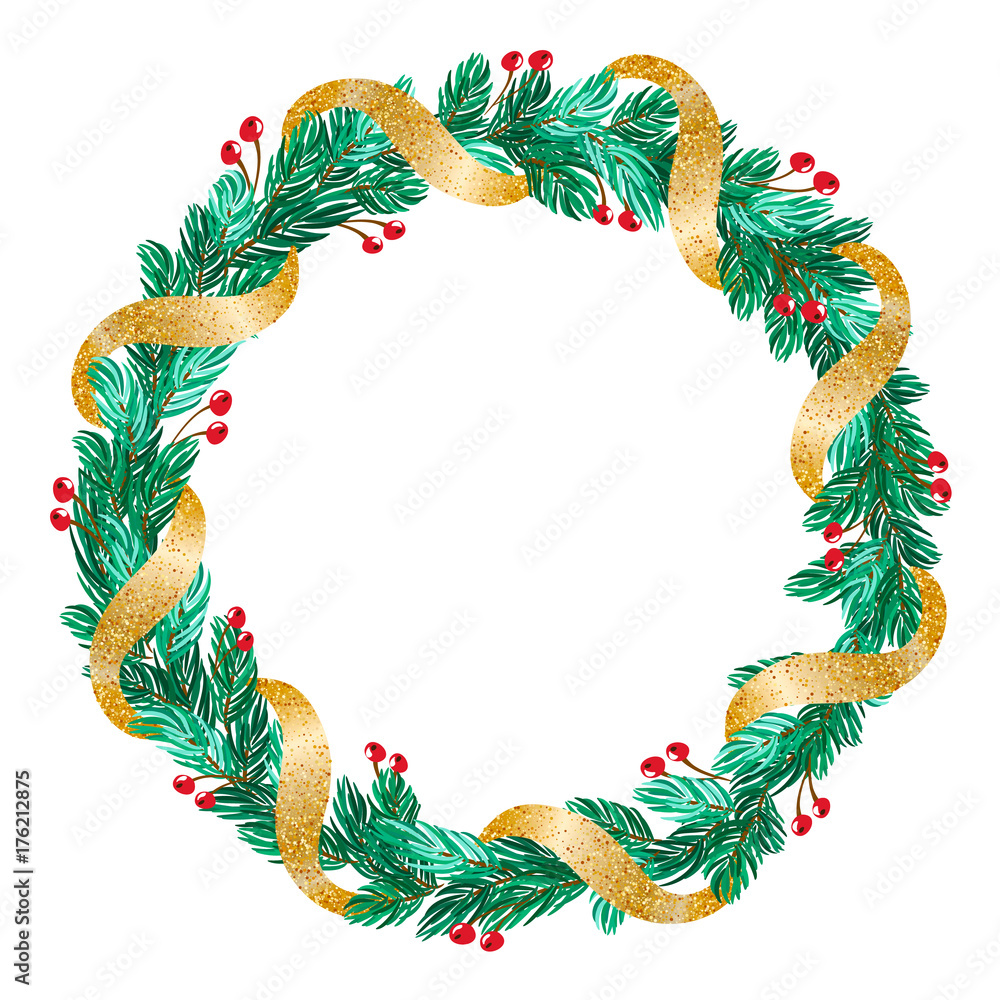 green Christmas vector wreath with golden ribbon and decorations on ...