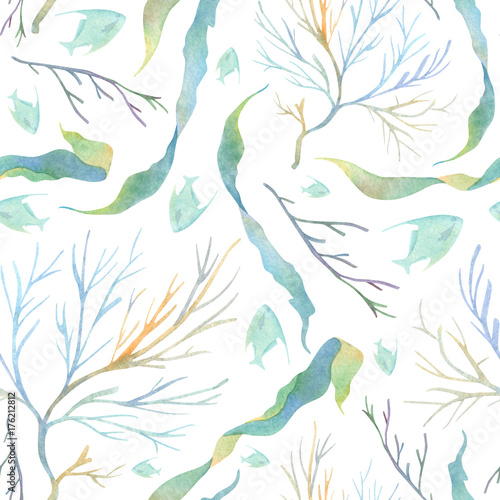 Watercolor underwater pattern with green butterfly fish laminaria colorful ceramium and black coral on white background