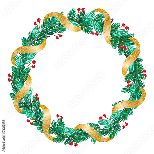 green Christmas vector wreath with golden ribbon and decorations on white background with place for text photo