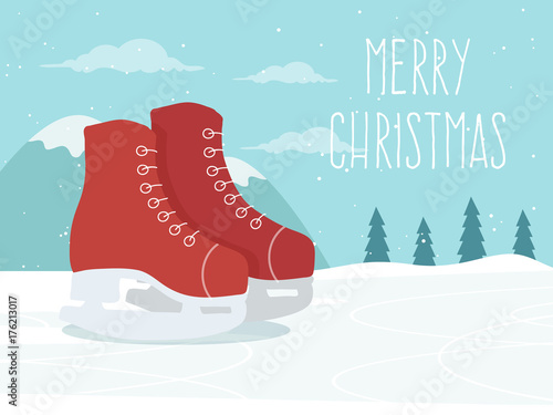 Winter Background with Ice Skates. Flat Design Style. 