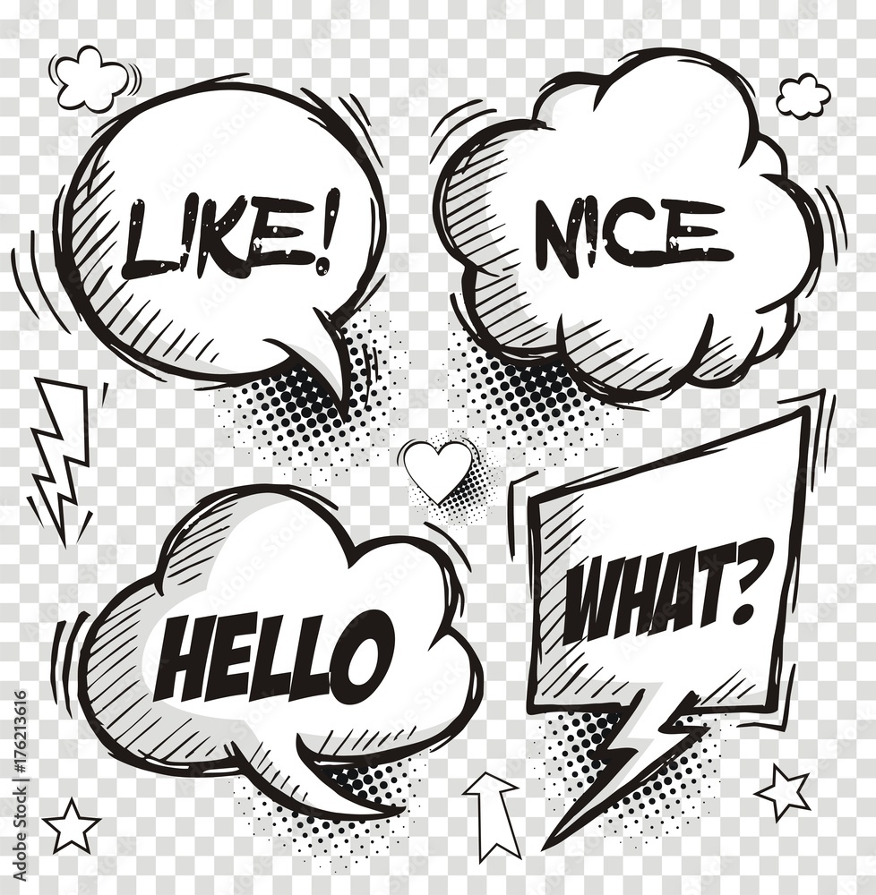 Set of comic speech bubbles with dialog words: hello,nice,like,what . Vector illustration. Set of comic speech bubbles with dialog words: hello,nice,like,what . Vector illustration.