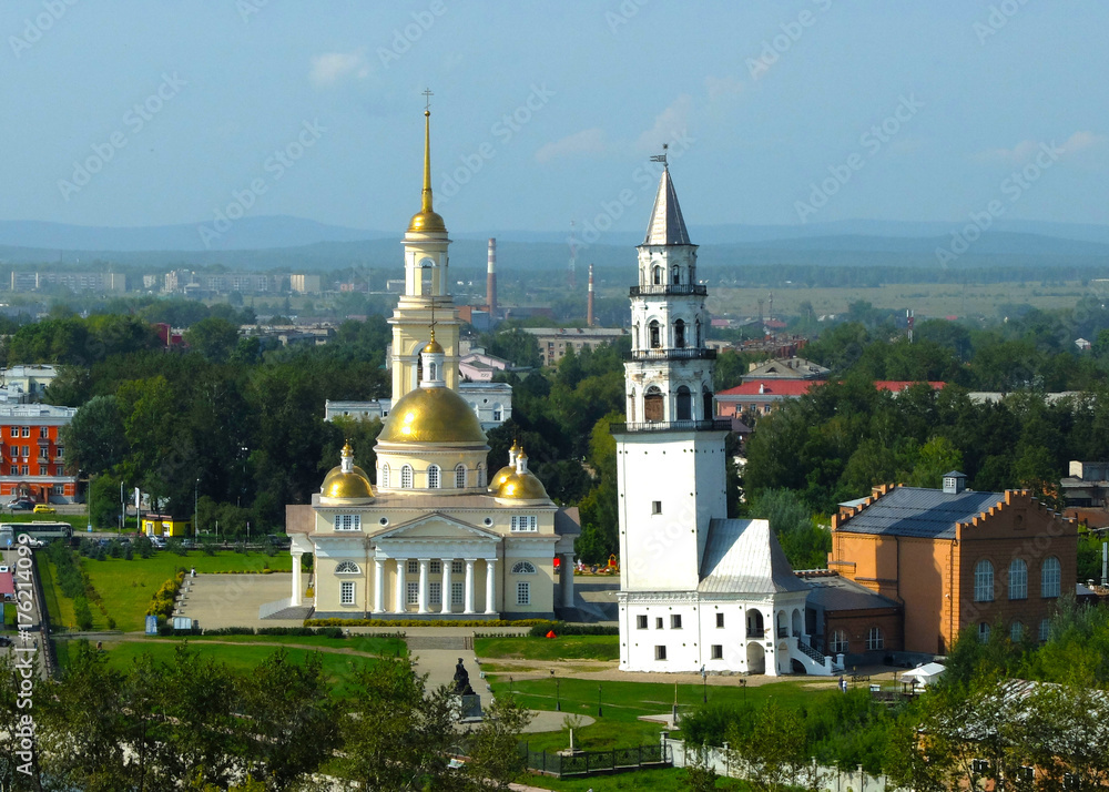 Nevyansk inclined tower. Spaso-Preobrazhenskiy temple. Middle Urals. Sverdlovsk oblast.