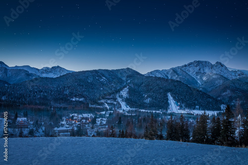 Giewont peak at dawn in winter in Zakopane, Tatra Mountains