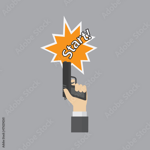 Hand firing a gun for starting race with start text