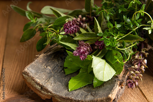 Oregano, sage, basil, thyme herbs on bark on wooden background