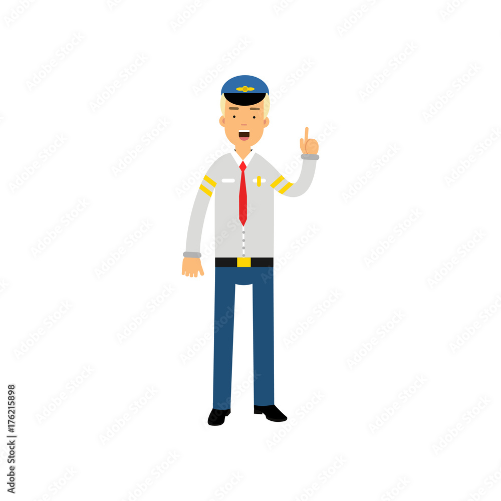 Airline pilot in uniform standing with open mouth and pointing finger up vector Illustration