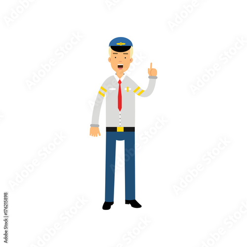 Airline pilot in uniform standing with open mouth and pointing finger up vector Illustration