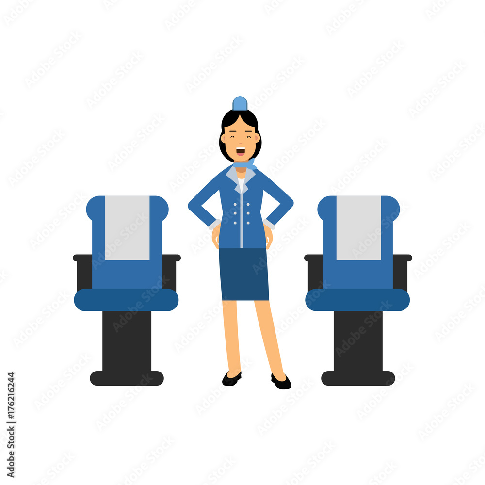 Stewardess in red uniform standing inside an airliner passenger cabin and gesturing vector Illustration Stewardess in red uniform standing inside an airliner passenger cabin and gesturing vector Illustration