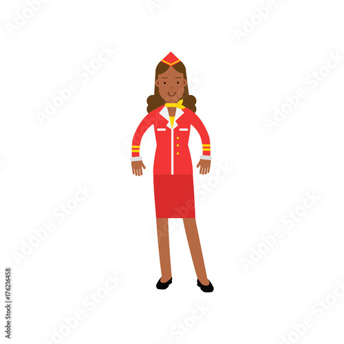 Beautiful stewardess in red uniform, flight attendant on airplane vector Illustration
