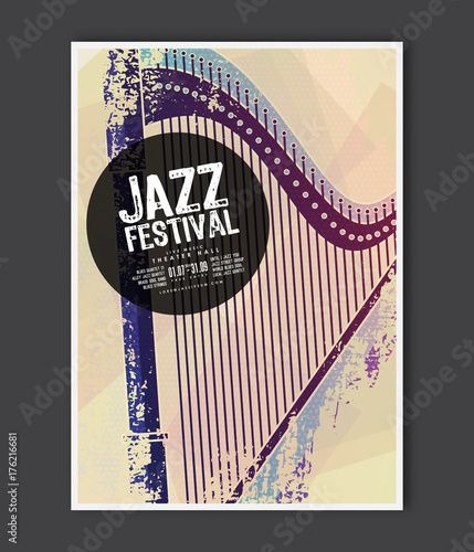 Music poster template. Vector Jazz music flyer background with harp instrument flat illustration. A4 size flyer.