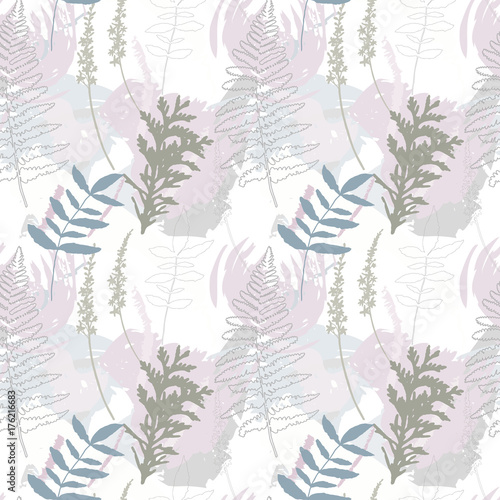 Floral vector seamless pattern with wild flowers, fern leaves , evergreen pin...