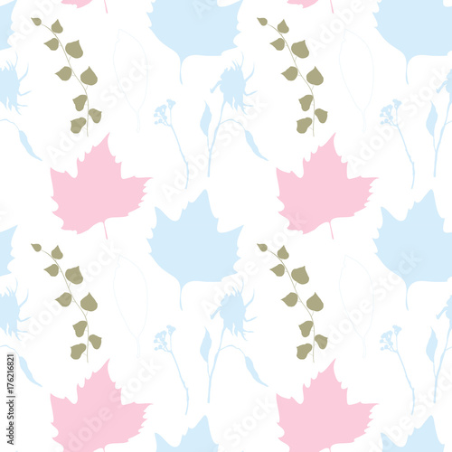 Floral vector seamless pattern with wild flowers, platan or maple and ivy leaves and twigs with berries.