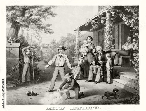 Fényképezés Old illustration depicting American family while boys play American Revolutionary War