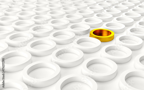 Abstact white modern architecture background with white circles and one gold on the wall. 3d render