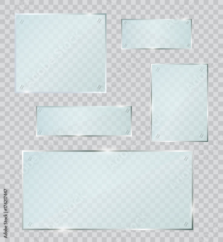 Glass plates set. Vector glass banners on transparent background.