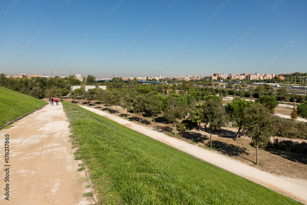 Skyline of Madrid seen from the mirador of the linear park of the apple orchards