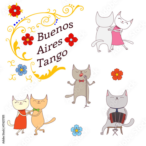 Hand drawn vector illustration argentine tango design elements - funny cats dancing and singing , playing bandoneon, traditional Buenos Aires fileteado ornaments.