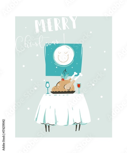 Hand drawn vector abstract fun Merry Christmas time cartoon illustration with Christmas food on table and moon in window isolated on blue background.