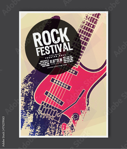 Music poster template. Vector Rock music flyer background with electric guitar flat illustration. A4 size flyer.
