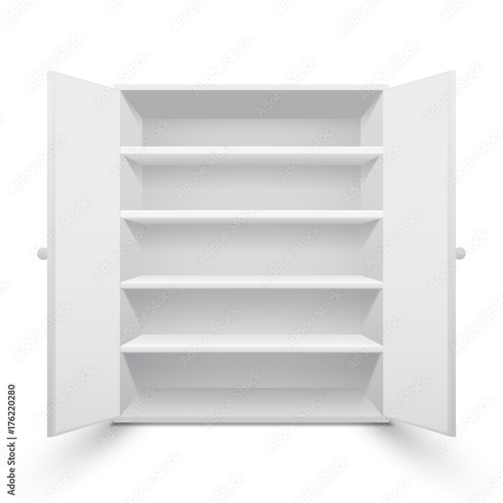 Realistic white cupboard with open doors, isolated on white Realistic white cupboard with open doors, isolated on white