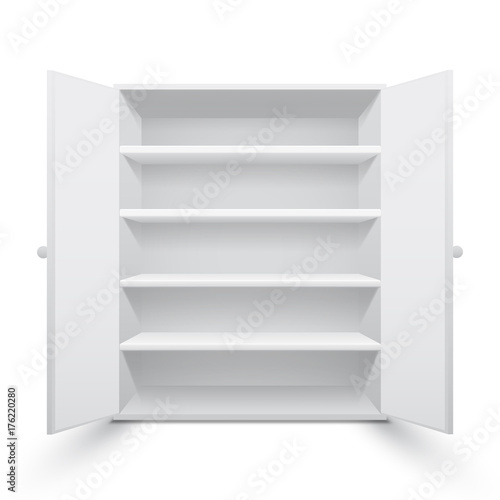Realistic white cupboard with open doors, isolated on white photo