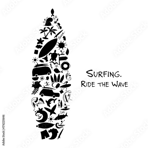 Surfboard sketch, design made from surf icons set