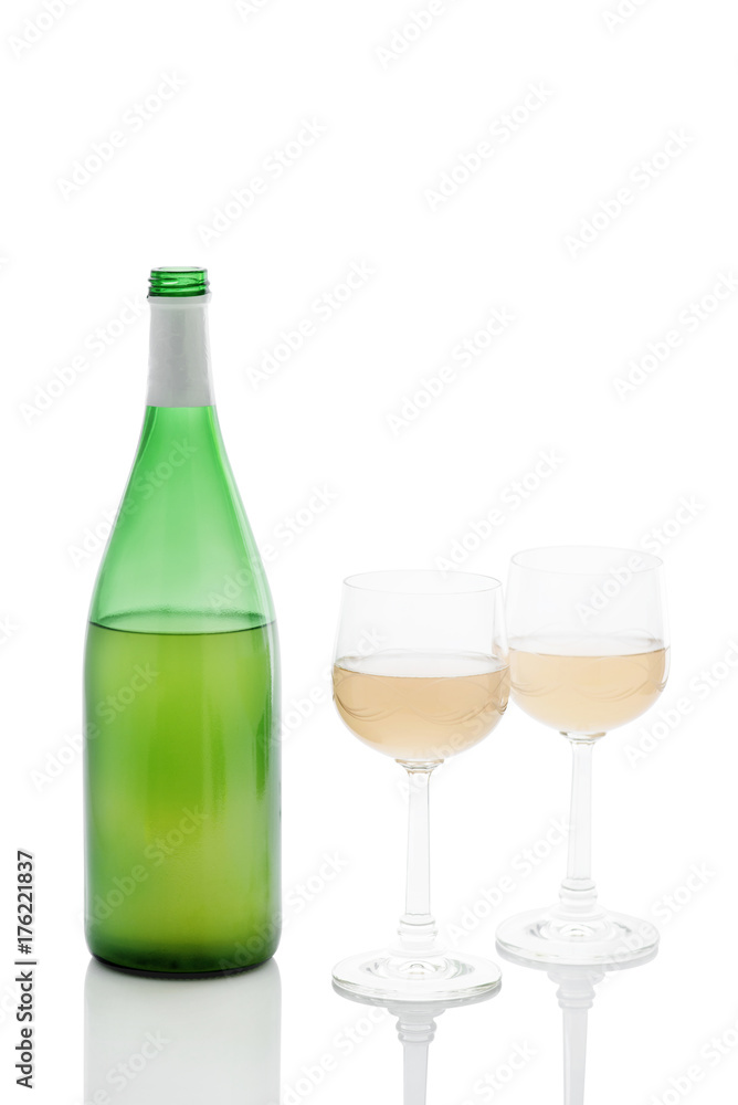 Federweisser wine bottle with filled wineglasses isolated on white with clipping paths Federweisser wine bottle with filled wineglasses isolated on white with clipping paths
