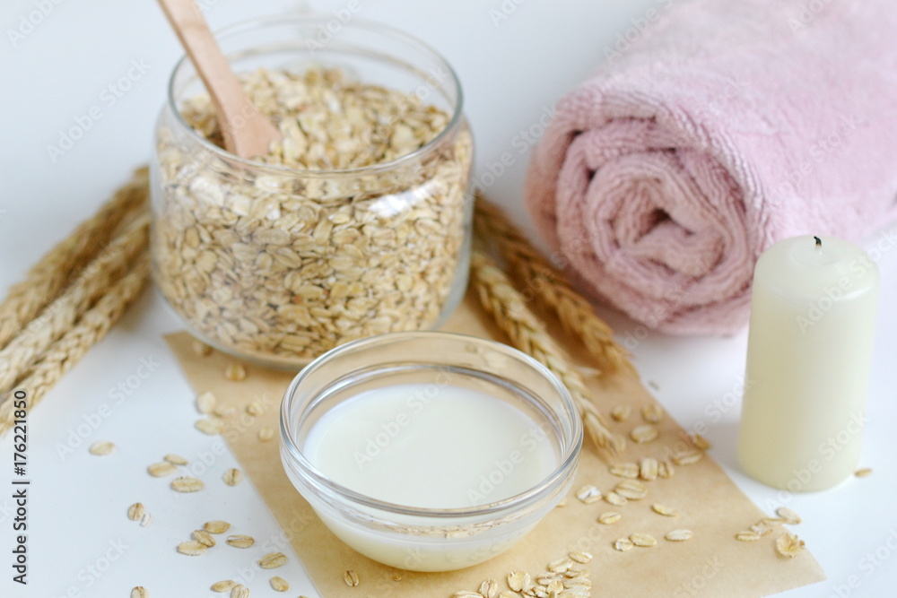Natural Ingredients for Homemade Oat Body Face Milk Scrub Salt Oil Honey Beauty Concept Organic Eco Healthy Lifestyle Natural Ingredients for Homemade Oat Body Face Milk Scrub Salt Oil Honey Beauty Concept Organic Eco Healthy Lifestyle