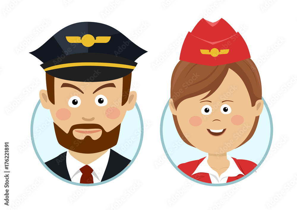 Young serious pilot and beautiful stewardess avatars Young serious pilot and beautiful stewardess avatars