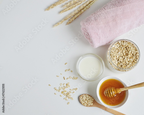 Natural Ingredients for Homemade Oat Body Face Milk Scrub Salt Oil Honey Beauty Concept Organic Eco Healthy Lifestyle