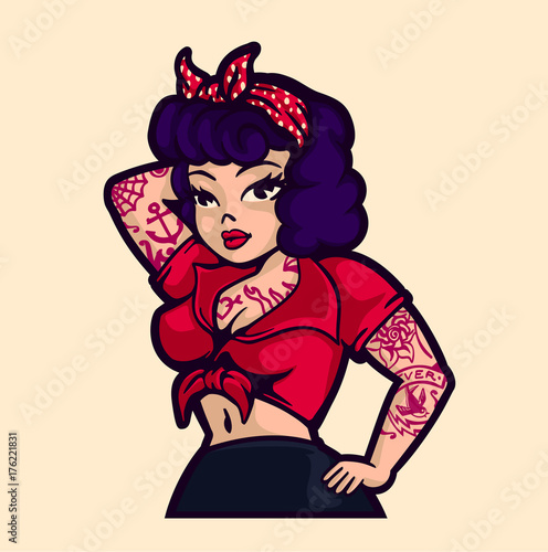 Canvas Print Vintage rockabilly pin-up woman posing with vintage clothes and tattoos cartoon