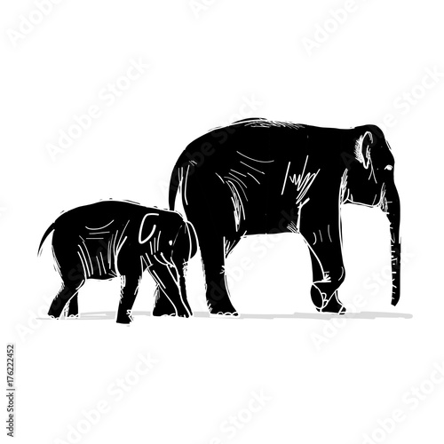 Elephant mother with child, sketch for your design