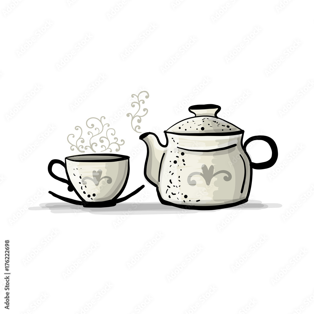 Ceramic teapot with cup, sketch for your design Ceramic teapot with cup, sketch for your design