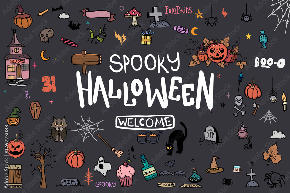 Halloween Doodle Set. Creative design for invitation and party. Hand Drawn Vector illustration for your design Halloween Doodle Set. Creative design for invitation and party. Hand Drawn Vector illustration for your design