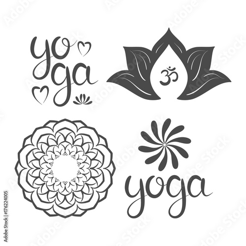Om symbol with hand drawn  mandala, Lotus.  Yoga lettering. Set of oriental ornaments for yoga studio  poster and logo, coloring book.