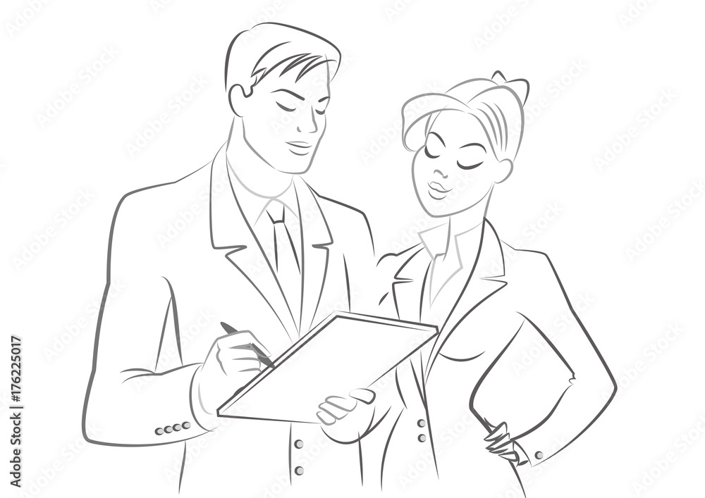 Business people meeting. Outline sketch. Isolated on a white background ...