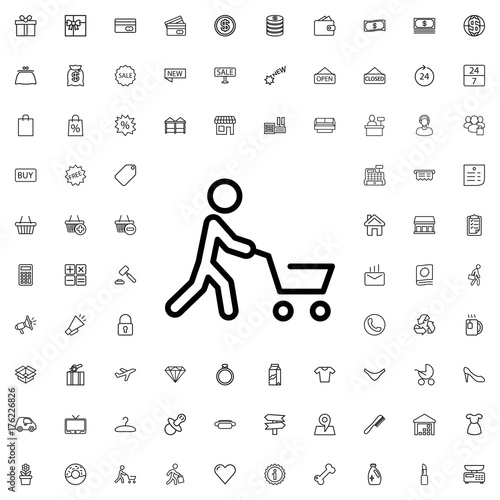 Man with shopping cart icon. set of outline shopping icons.