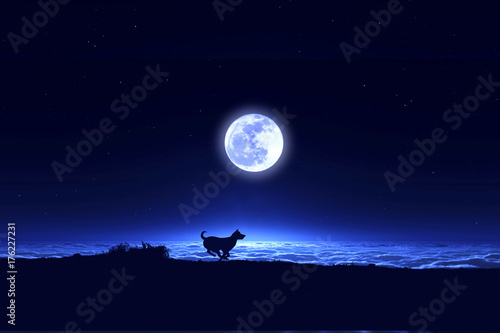 満月の夜空と走る犬のシルエット