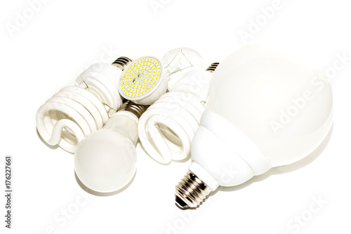 Several different led bulbs and compact fluorescent lamps photo