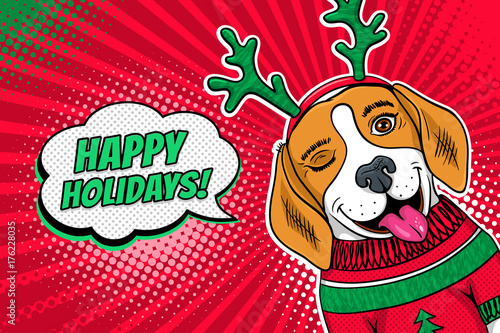 Wow pop art dog face. Funny surprised beagle in a Christmas sweater and deer horns winks and Happy Holidays speech bubble. Vector Christmas illustration in retro comic style. New Year background.