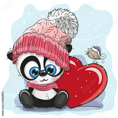 Fototapeta Naklejka Na Ścianę i Meble -  Cute Cartoon Panda in a knitted cap