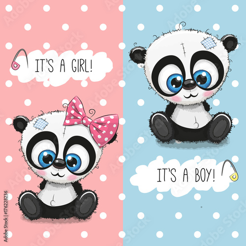 Fototapeta Naklejka Na Ścianę i Meble -  Baby Shower greeting card with Pandas boy and girl