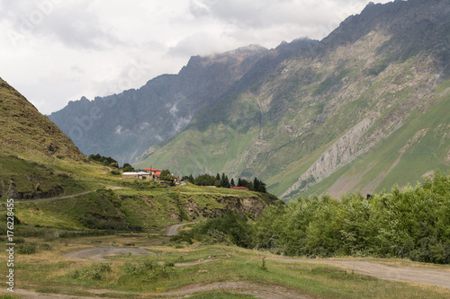 Small village in foothills of Caucasus mountains in Kazbegi region, Georgia